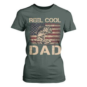 Reel Cool Dad T Shirt For Women Funny Fishing USA Flag Patriotic Fisherman Fathers Day TS10 Dark Forest Green Print Your Wear