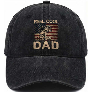 Reel Cool Dad Washed Cotton Baseball Cap Funny Fishing USA Flag Patriotic Fisherman Fathers Day TS10 Print Your Wear