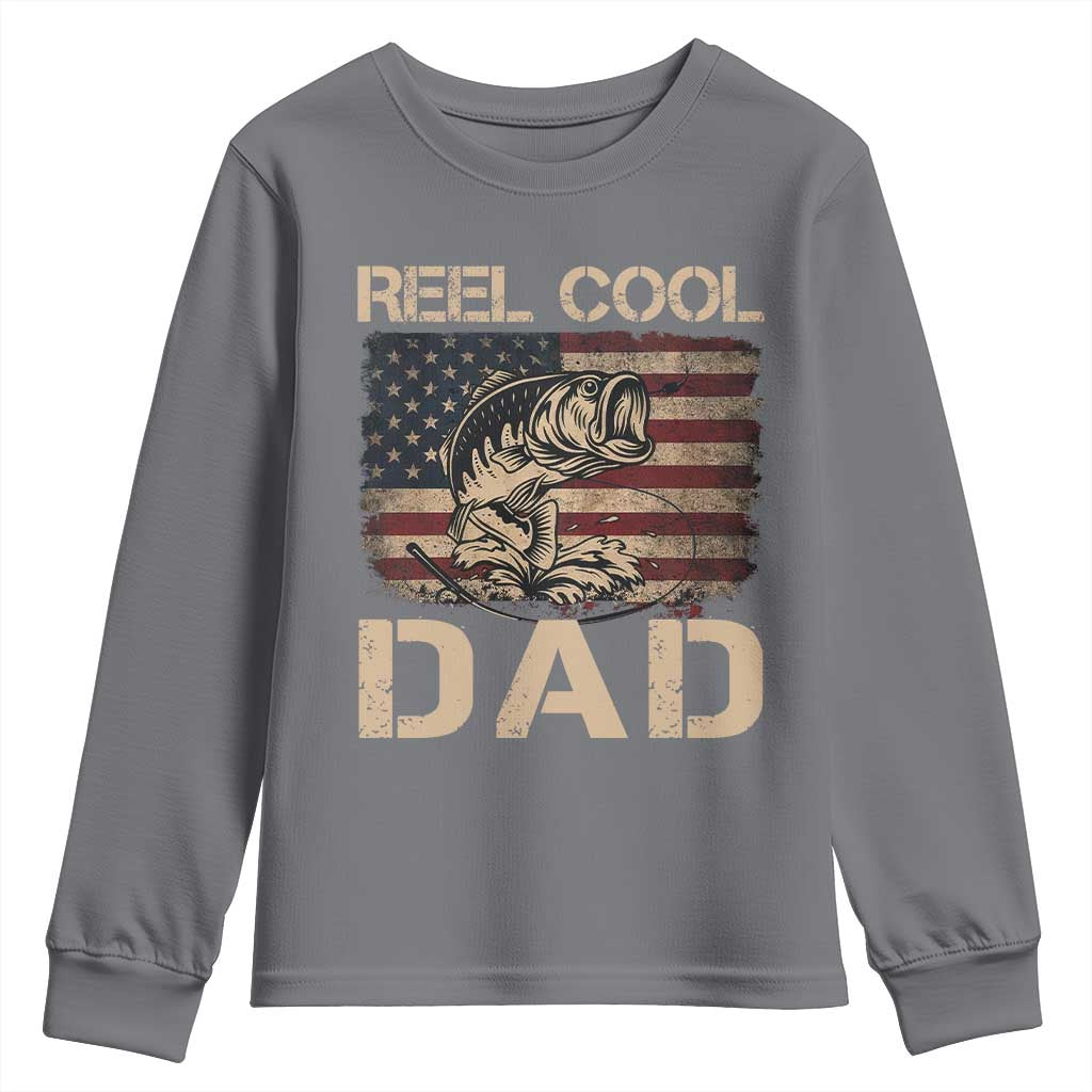 Reel Cool Dad Youth Sweatshirt Funny Fishing USA Flag Patriotic Fisherman Fathers Day TS10 Charcoal Print Your Wear