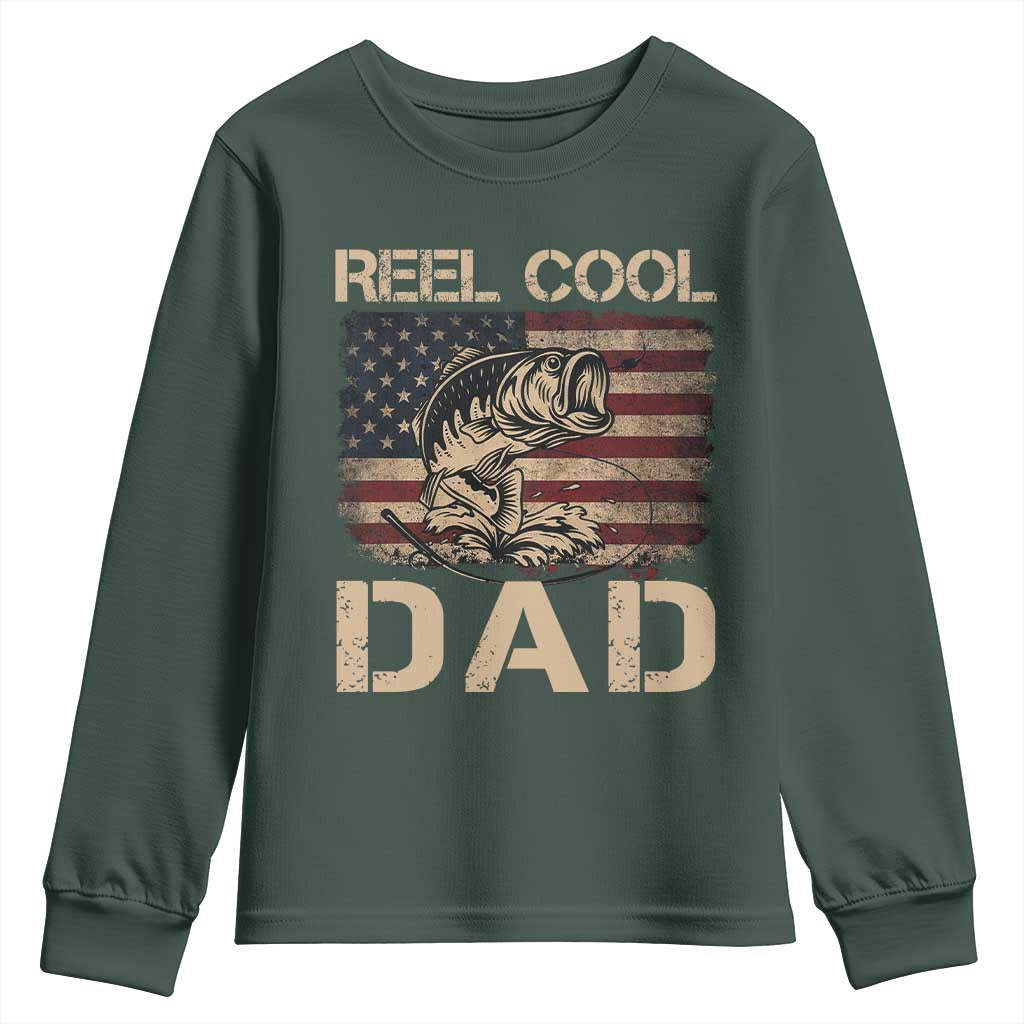 Reel Cool Dad Youth Sweatshirt Funny Fishing USA Flag Patriotic Fisherman Fathers Day TS10 Dark Forest Green Print Your Wear