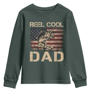 Reel Cool Dad Youth Sweatshirt Funny Fishing USA Flag Patriotic Fisherman Fathers Day TS10 Dark Forest Green Print Your Wear