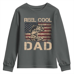 Reel Cool Dad Youth Sweatshirt Funny Fishing USA Flag Patriotic Fisherman Fathers Day TS10 Dark Heather Print Your Wear