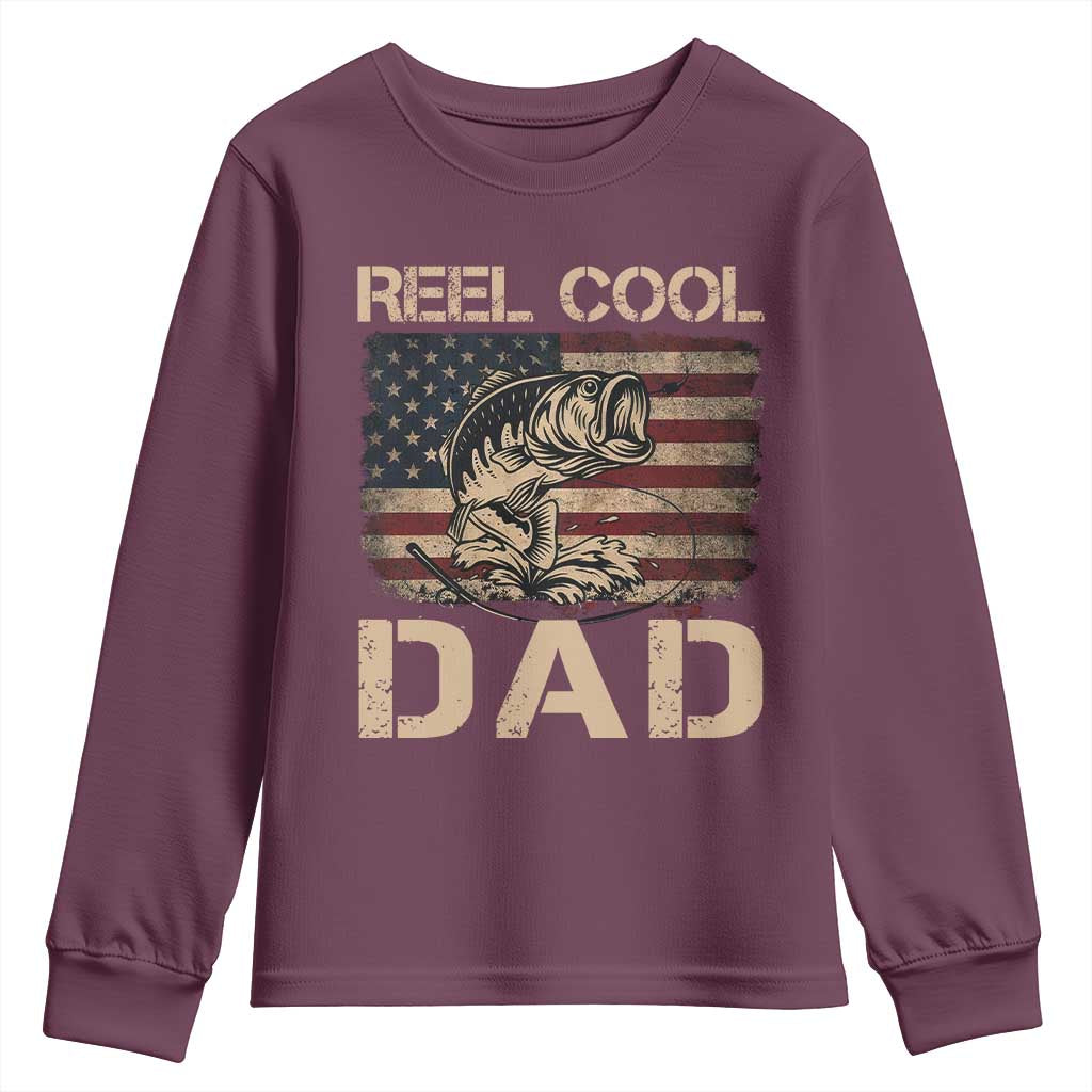 Reel Cool Dad Youth Sweatshirt Funny Fishing USA Flag Patriotic Fisherman Fathers Day TS10 Maroon Print Your Wear