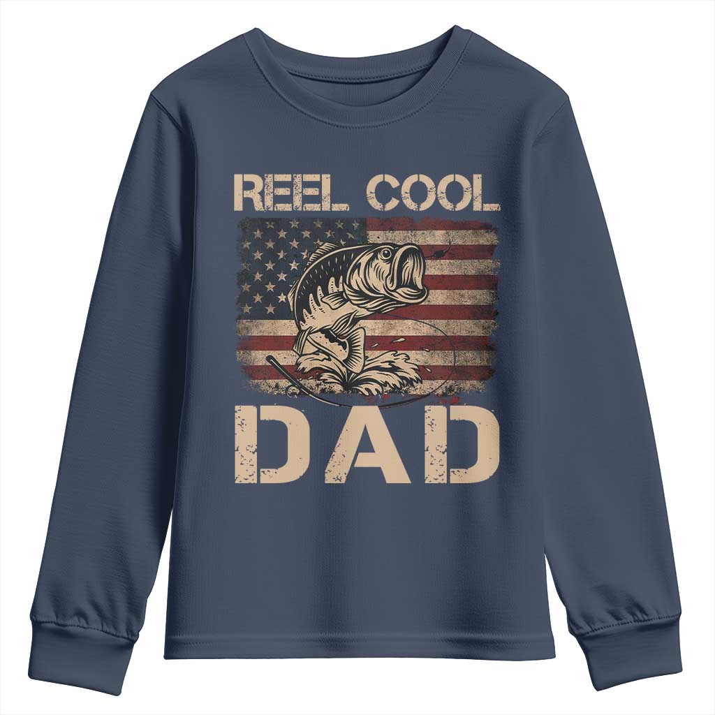 Reel Cool Dad Youth Sweatshirt Funny Fishing USA Flag Patriotic Fisherman Fathers Day TS10 Navy Print Your Wear