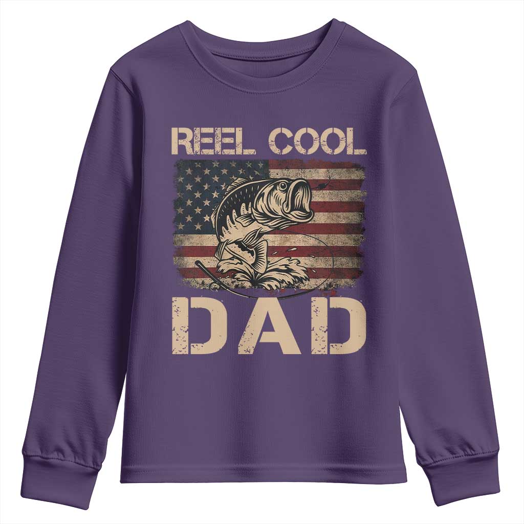 Reel Cool Dad Youth Sweatshirt Funny Fishing USA Flag Patriotic Fisherman Fathers Day TS10 Purple Print Your Wear