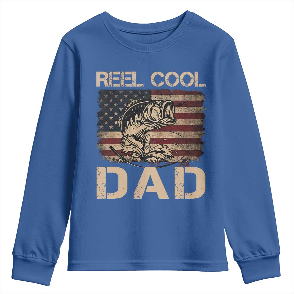 Reel Cool Dad Youth Sweatshirt Funny Fishing USA Flag Patriotic Fisherman Fathers Day TS10 Royal Blue Print Your Wear