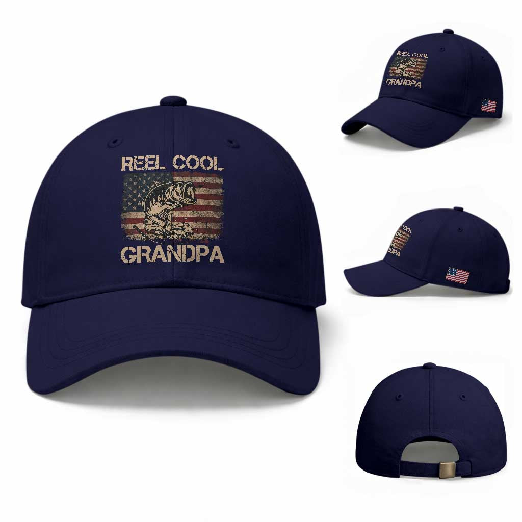Reel Cool Grandpa Baseball Cap Funny Fishing USA Flag Patriotic Fisherman Fathers Day TS10 Baseball Cap Universal Fit Dark Blue Print Your Wear