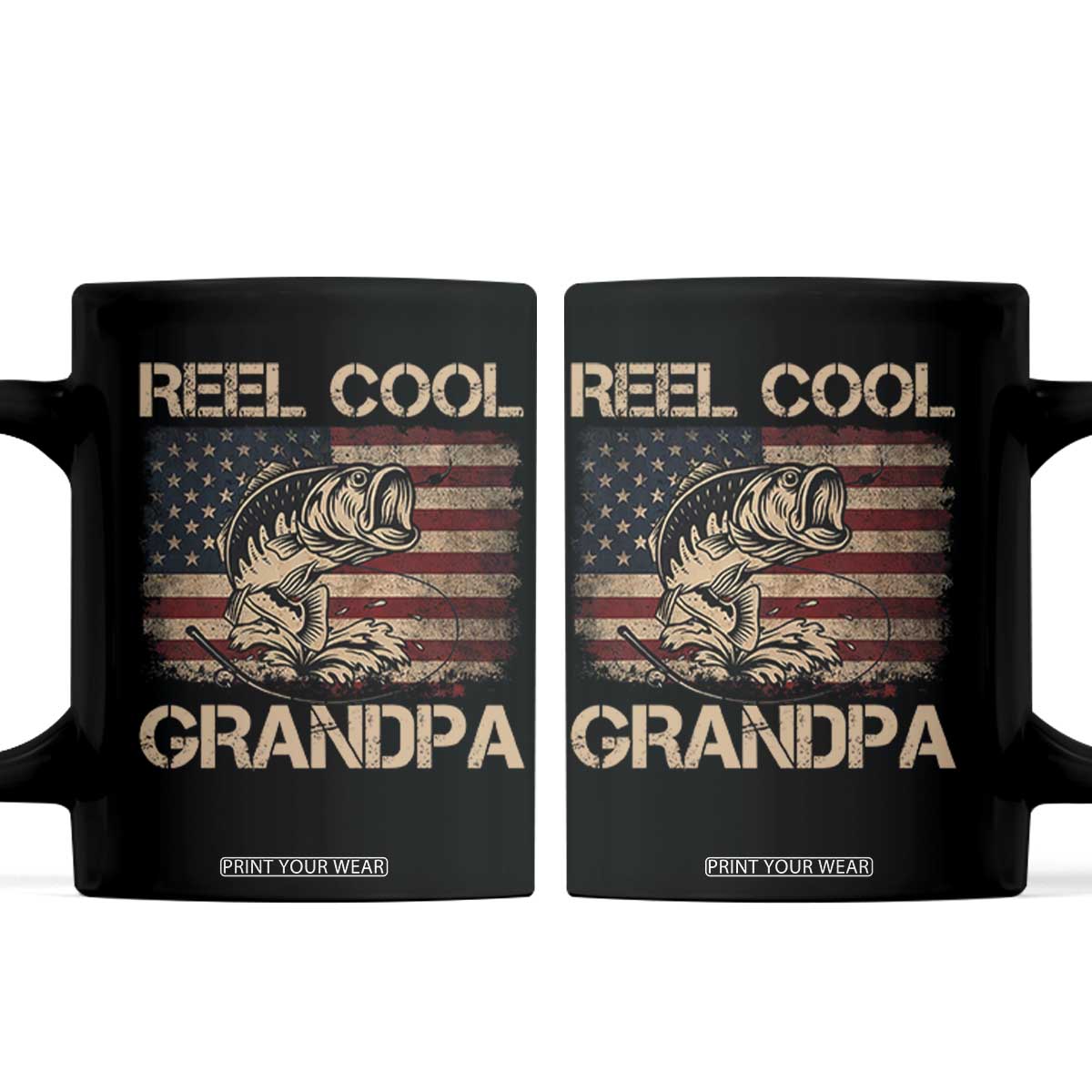 Reel Cool Grandpa Coffee Mug Funny Fishing USA Flag Patriotic Fisherman Fathers Day TS10 Black Print Your Wear