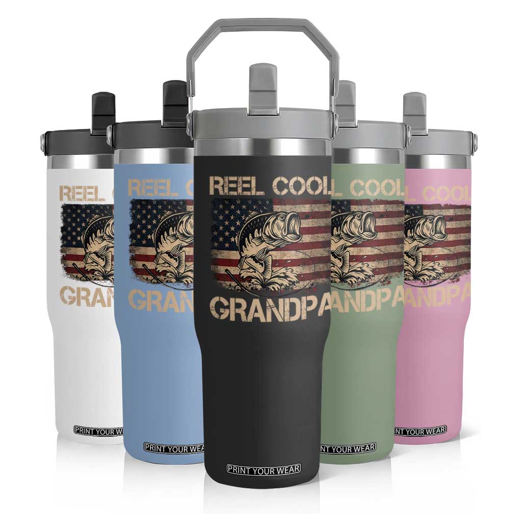 Reel Cool Grandpa Flip Straw Tumbler Funny Fishing USA Flag Patriotic Fisherman Fathers Day TS10 Print Your Wear