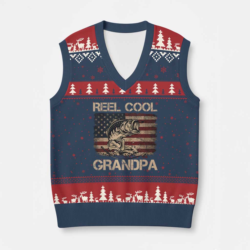 Reel Cool Grandpa V-Neck Knit Sweater Vest Funny Fishing USA Flag Patriotic Fisherman Fathers Day TS10 Navy Red Print Your Wear