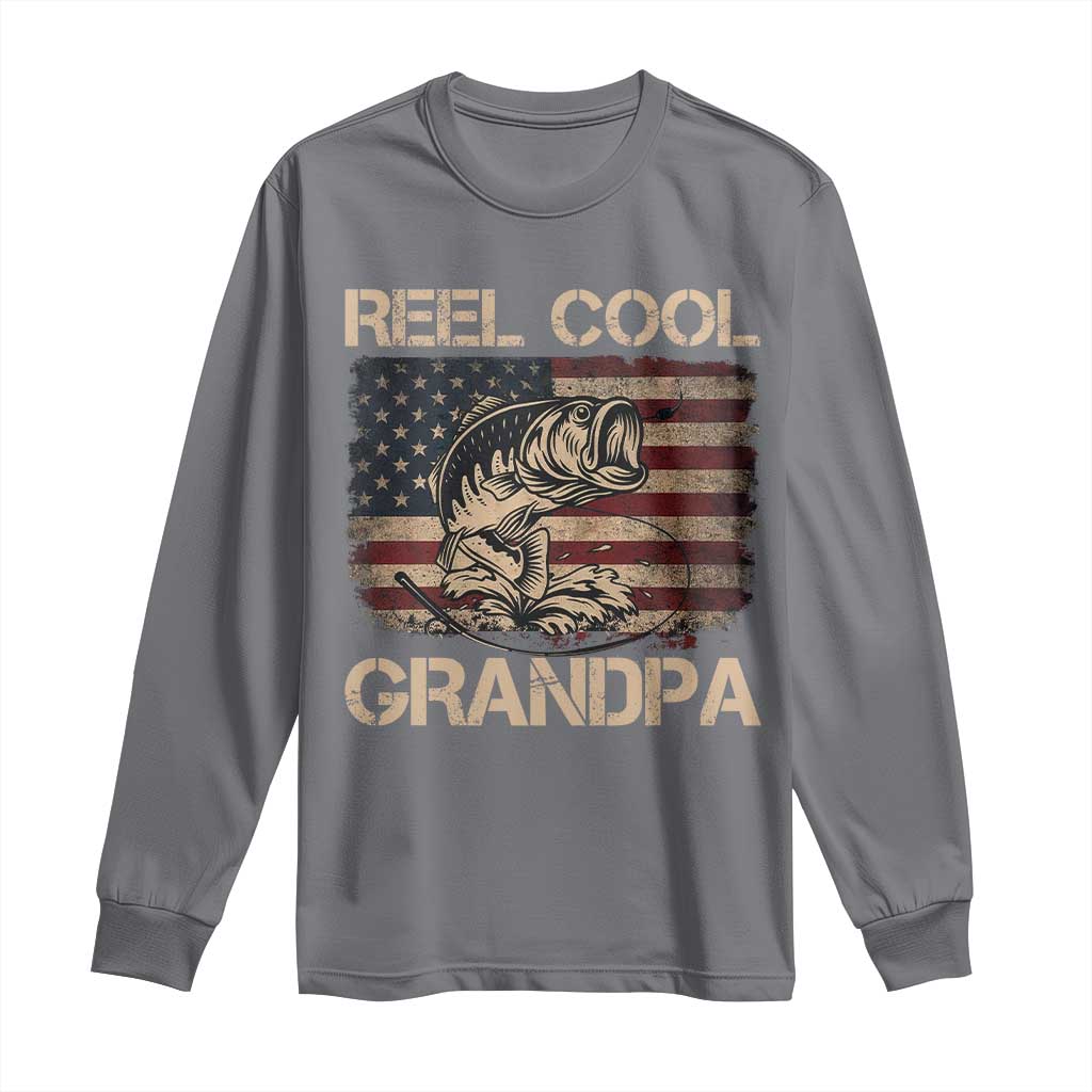 Reel Cool Grandpa Long Sleeve Shirt Funny Fishing USA Flag Patriotic Fisherman Fathers Day TS10 Charcoal Print Your Wear