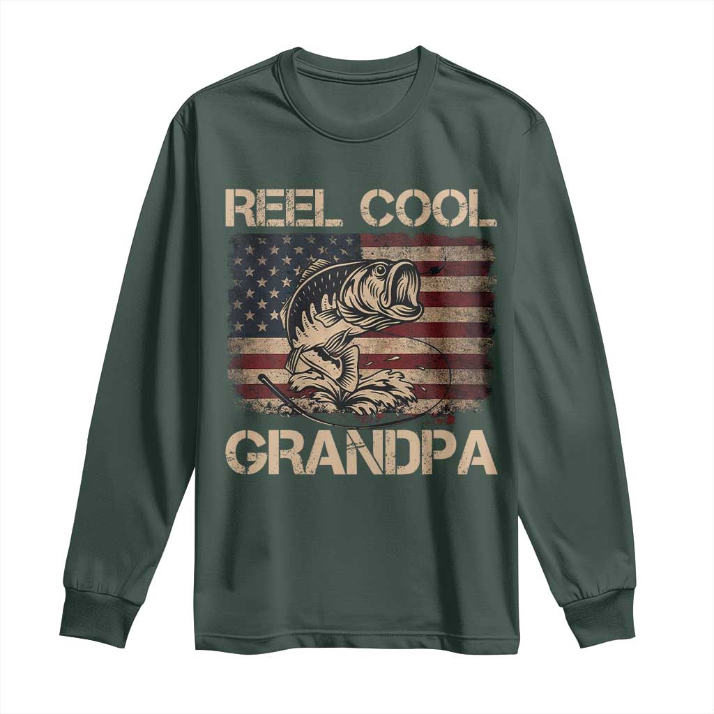 Reel Cool Grandpa Long Sleeve Shirt Funny Fishing USA Flag Patriotic Fisherman Fathers Day TS10 Dark Forest Green Print Your Wear