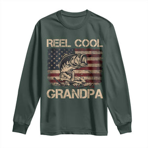 Reel Cool Grandpa Long Sleeve Shirt Funny Fishing USA Flag Patriotic Fisherman Fathers Day TS10 Dark Forest Green Print Your Wear