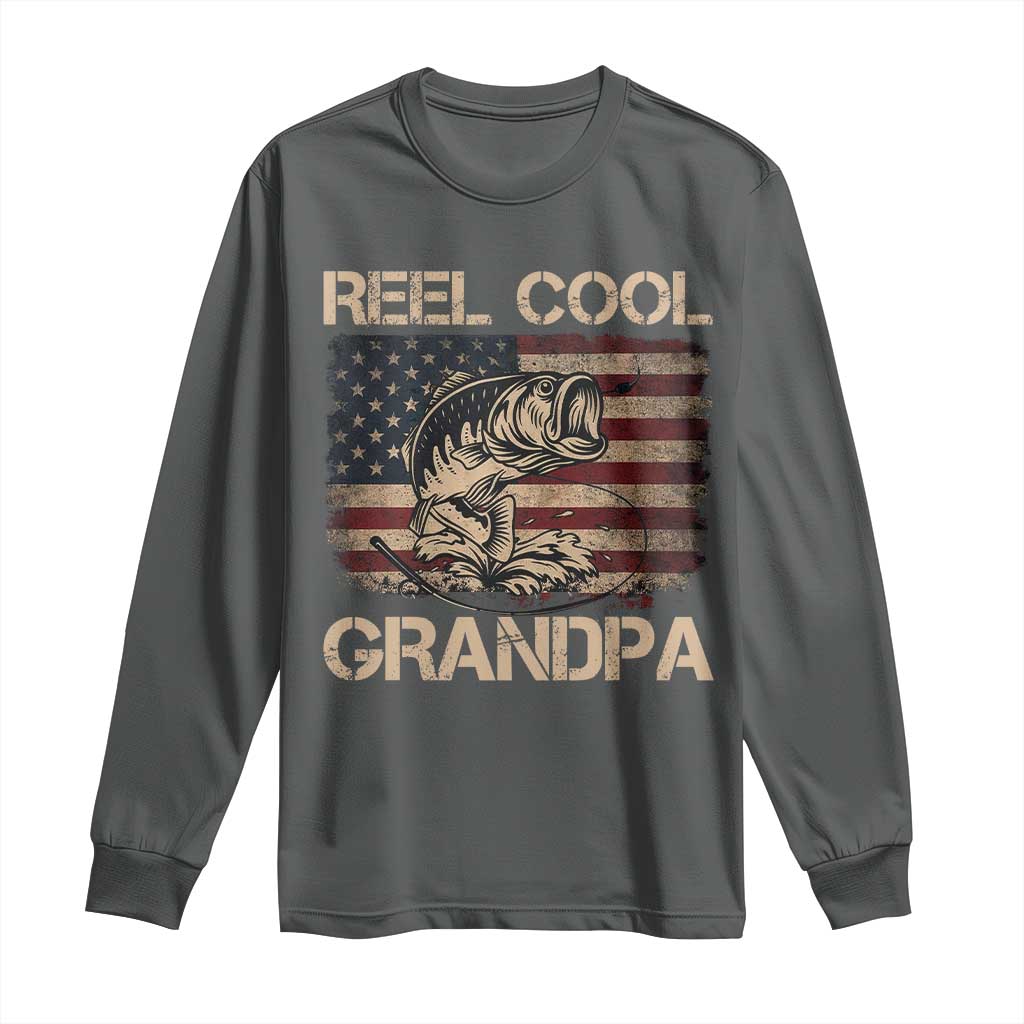 Reel Cool Grandpa Long Sleeve Shirt Funny Fishing USA Flag Patriotic Fisherman Fathers Day TS10 Dark Heather Print Your Wear
