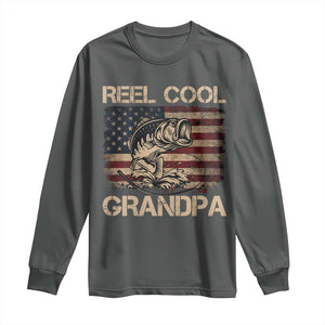 Reel Cool Grandpa Long Sleeve Shirt Funny Fishing USA Flag Patriotic Fisherman Fathers Day TS10 Dark Heather Print Your Wear