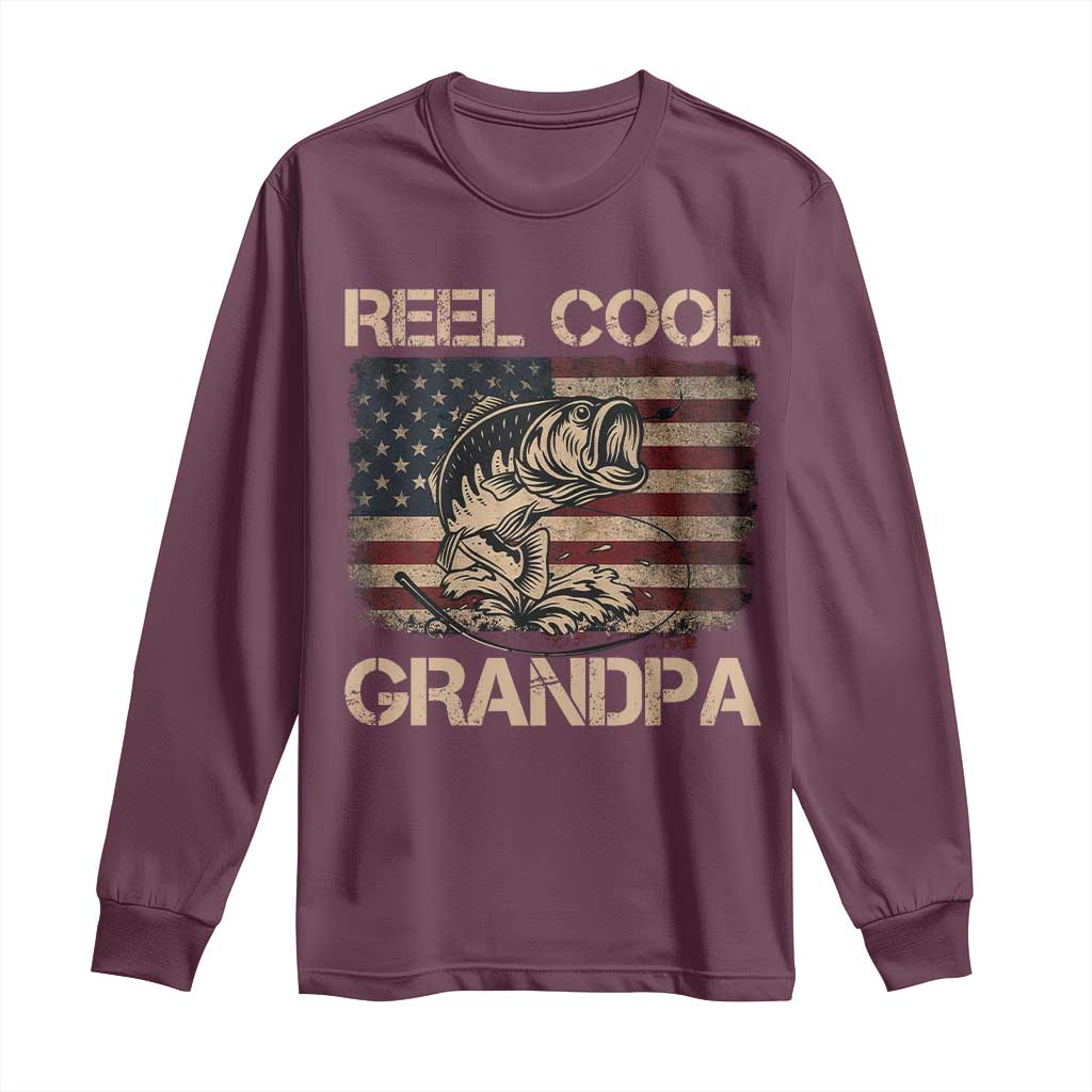 Reel Cool Grandpa Long Sleeve Shirt Funny Fishing USA Flag Patriotic Fisherman Fathers Day TS10 Maroon Print Your Wear
