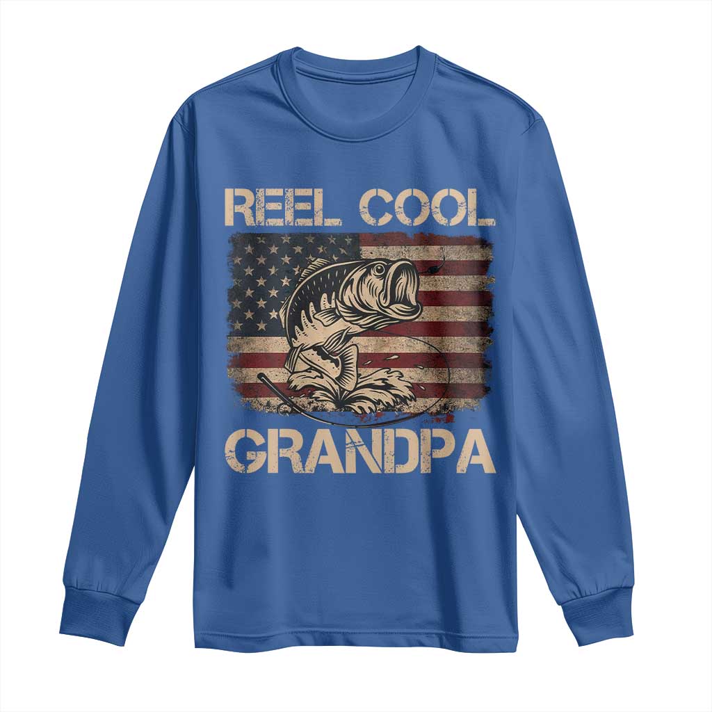 Reel Cool Grandpa Long Sleeve Shirt Funny Fishing USA Flag Patriotic Fisherman Fathers Day TS10 Royal Blue Print Your Wear