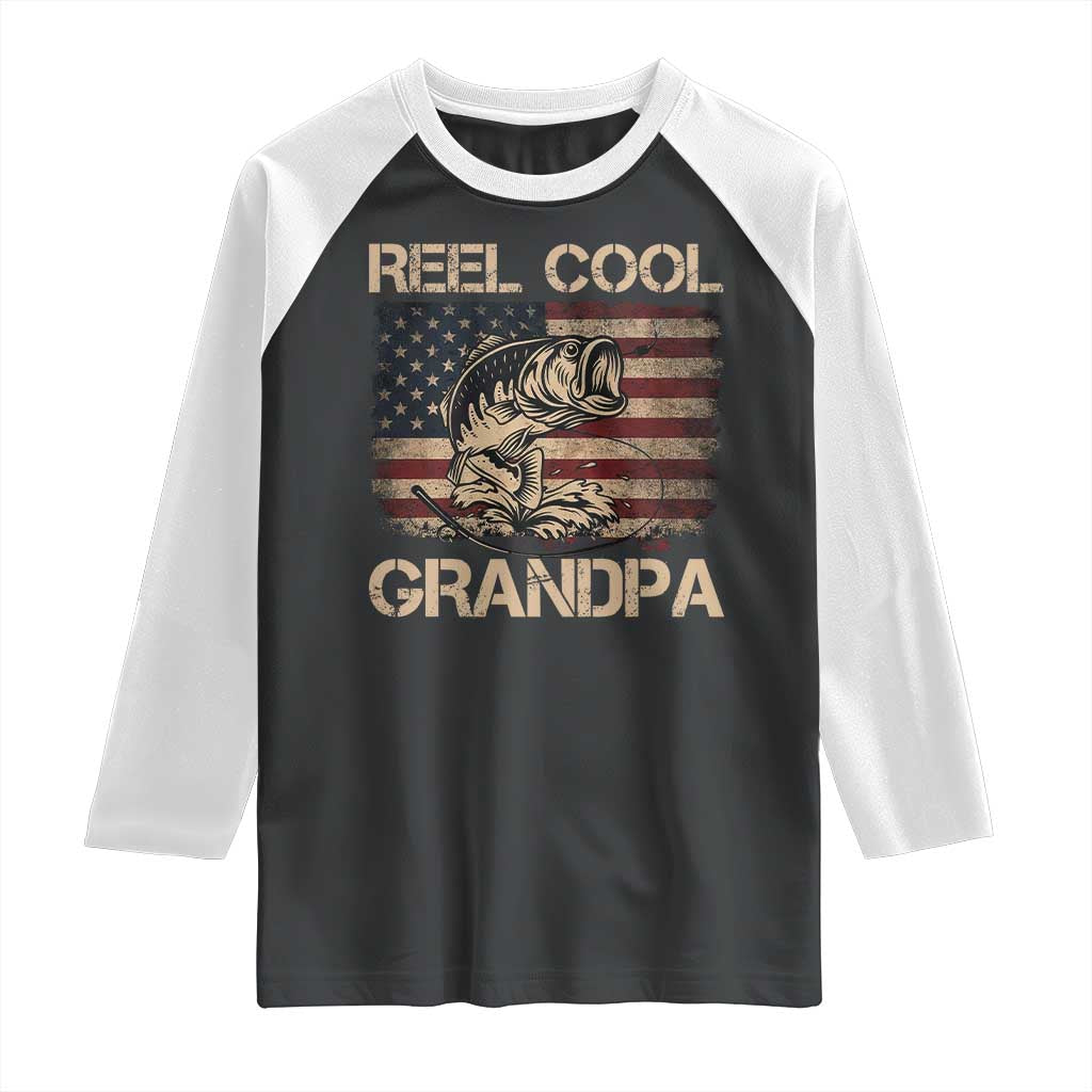 Reel Cool Grandpa Raglan Shirt Funny Fishing USA Flag Patriotic Fisherman Fathers Day TS10 Black White Print Your Wear