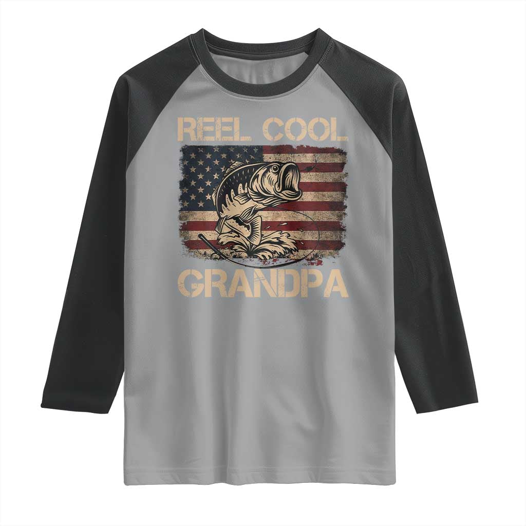 Reel Cool Grandpa Raglan Shirt Funny Fishing USA Flag Patriotic Fisherman Fathers Day TS10 Sport Gray Black Print Your Wear