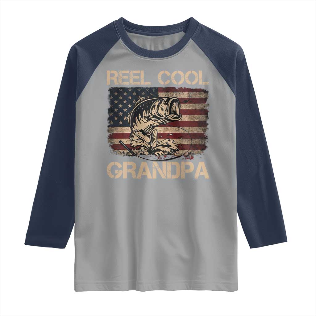 Reel Cool Grandpa Raglan Shirt Funny Fishing USA Flag Patriotic Fisherman Fathers Day TS10 Sport Gray Navy Print Your Wear