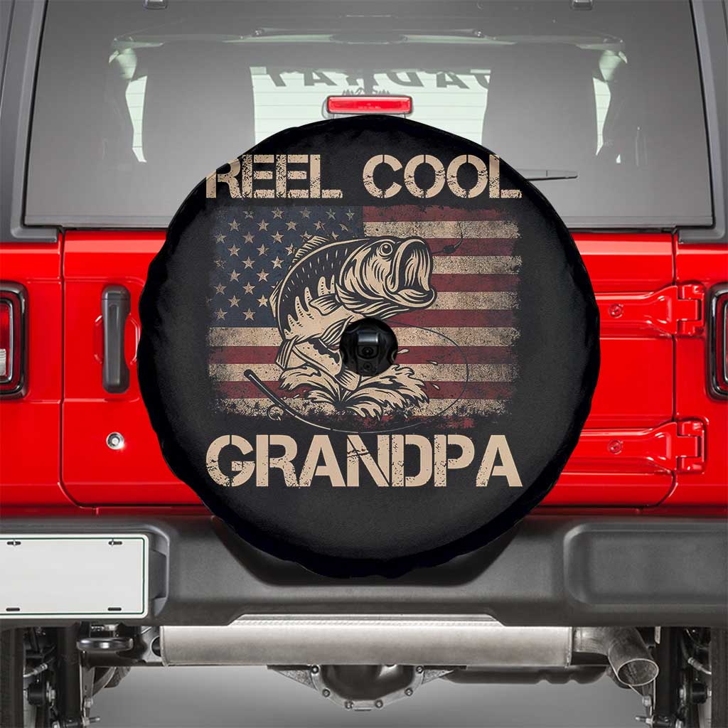 Reel Cool Grandpa Spare Tire Cover Funny Fishing USA Flag Patriotic Fisherman Fathers Day TS10 Black Print Your Wear