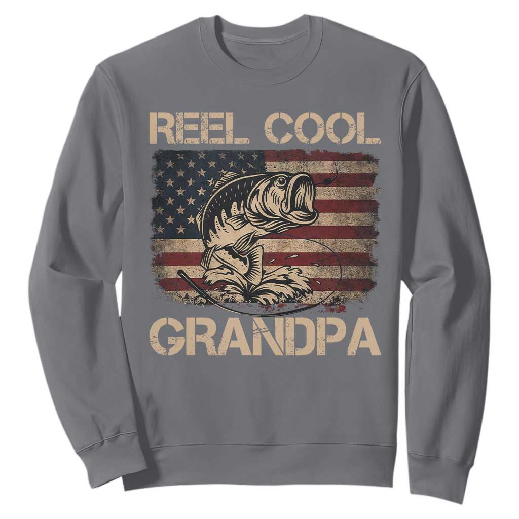 Reel Cool Grandpa Sweatshirt Funny Fishing USA Flag Patriotic Fisherman Fathers Day TS10 Charcoal Print Your Wear