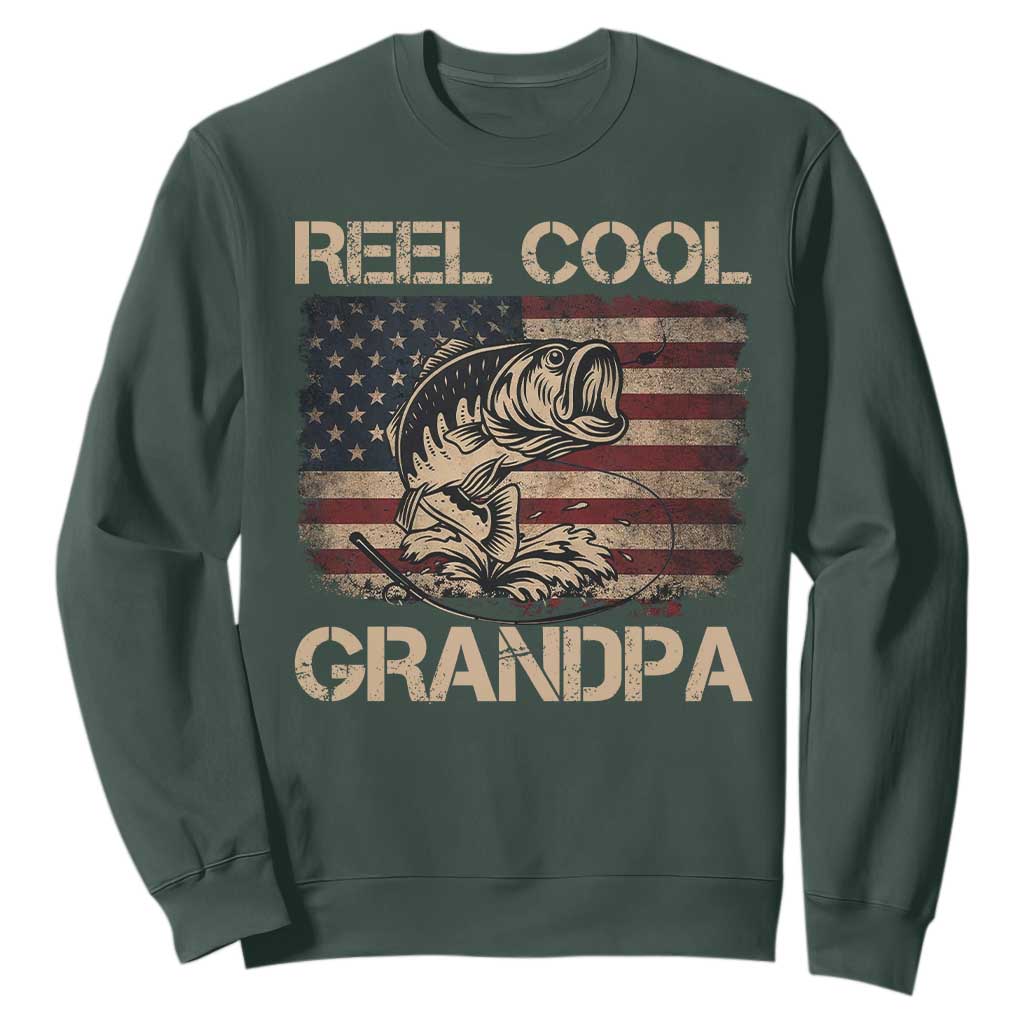 Reel Cool Grandpa Sweatshirt Funny Fishing USA Flag Patriotic Fisherman Fathers Day TS10 Dark Forest Green Print Your Wear
