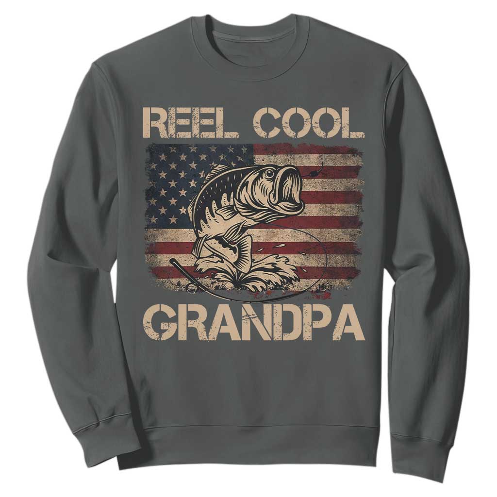 Reel Cool Grandpa Sweatshirt Funny Fishing USA Flag Patriotic Fisherman Fathers Day TS10 Dark Heather Print Your Wear