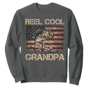 Reel Cool Grandpa Sweatshirt Funny Fishing USA Flag Patriotic Fisherman Fathers Day TS10 Dark Heather Print Your Wear