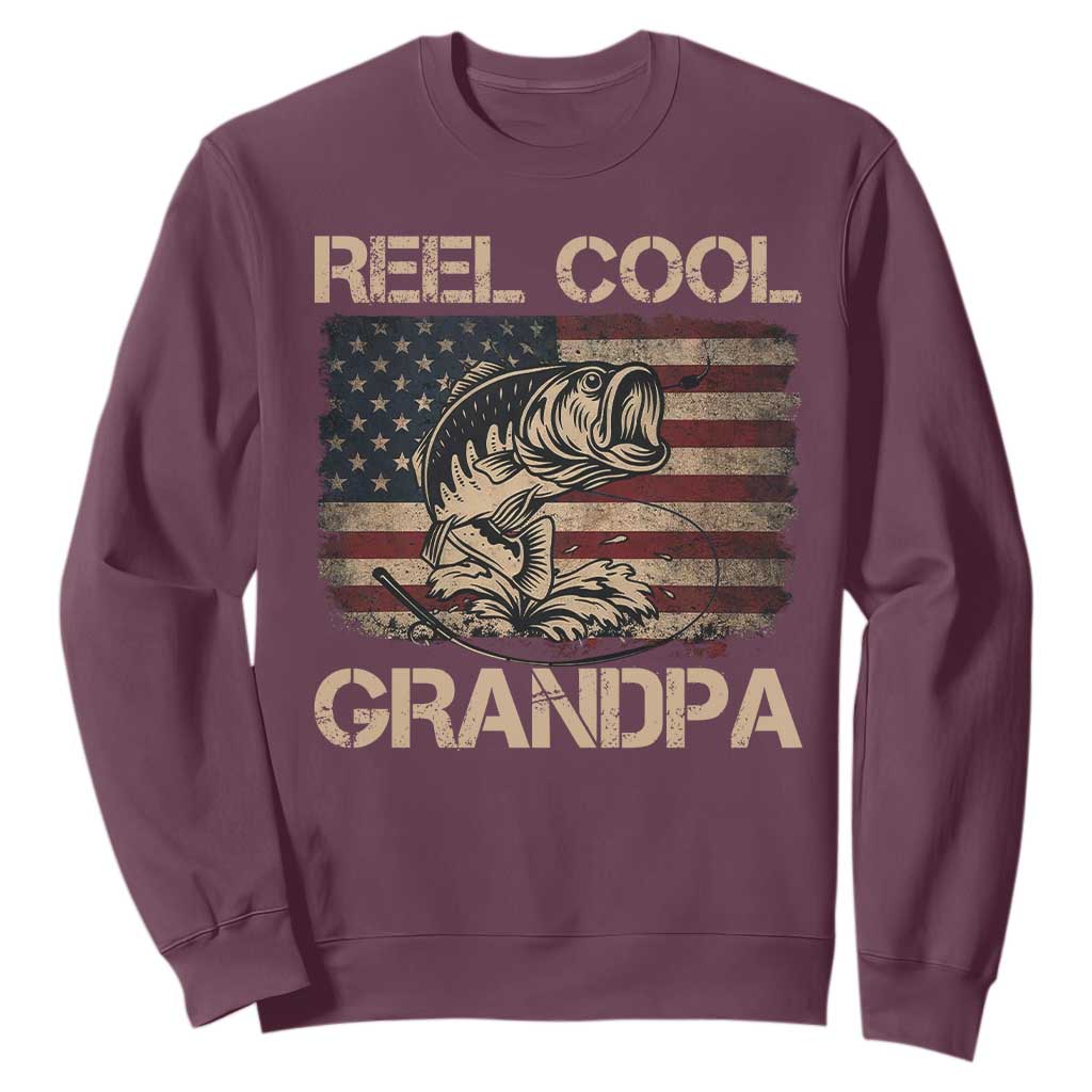 Reel Cool Grandpa Sweatshirt Funny Fishing USA Flag Patriotic Fisherman Fathers Day TS10 Maroon Print Your Wear