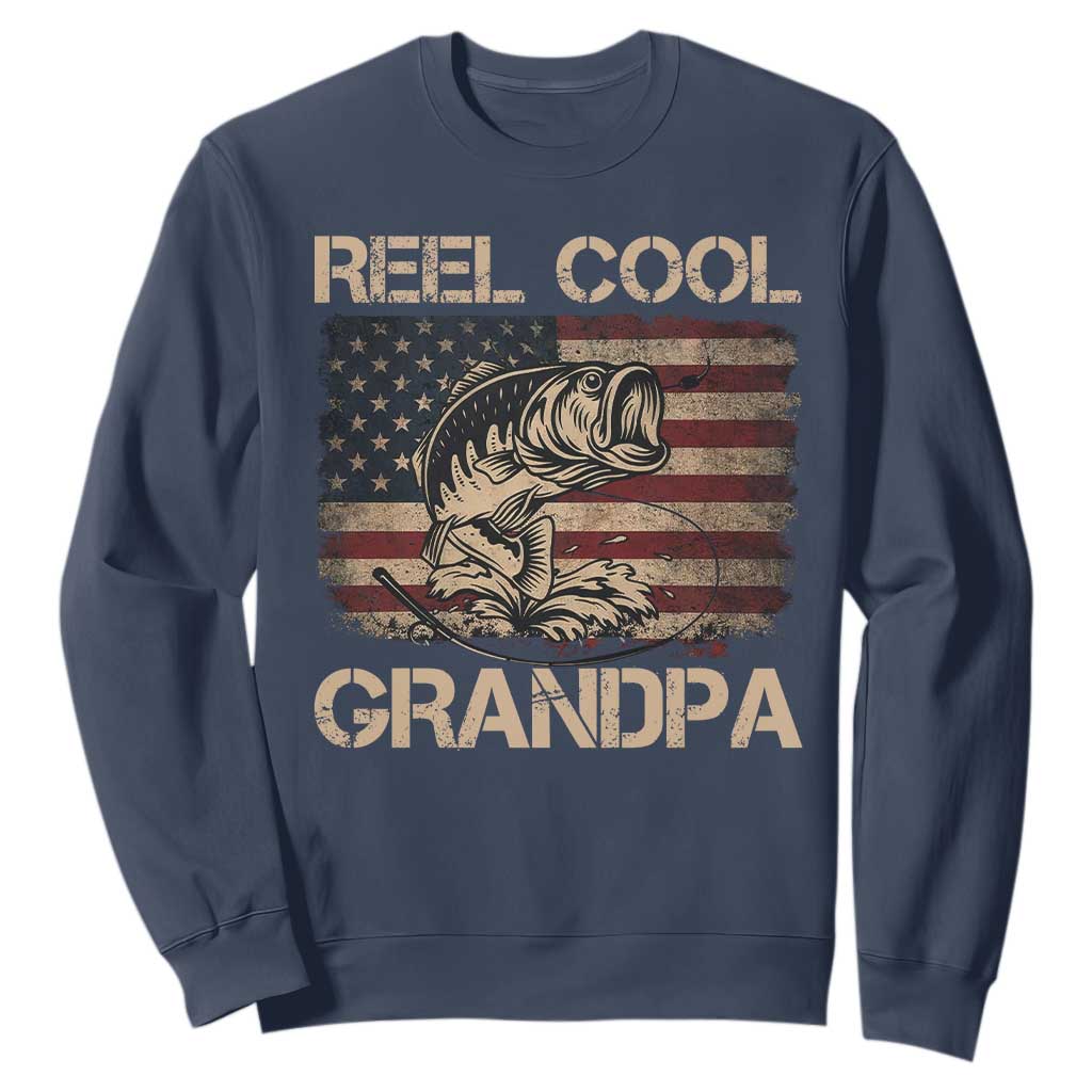 Reel Cool Grandpa Sweatshirt Funny Fishing USA Flag Patriotic Fisherman Fathers Day TS10 Navy Print Your Wear