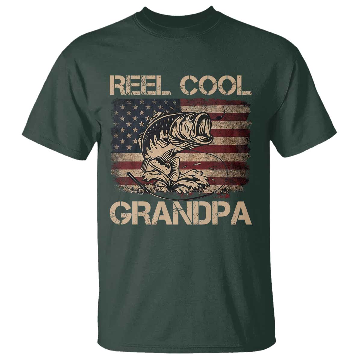 Reel Cool Grandpa T Shirt Funny Fishing USA Flag Patriotic Fisherman Fathers Day TS10 Dark Forest Green Print Your Wear