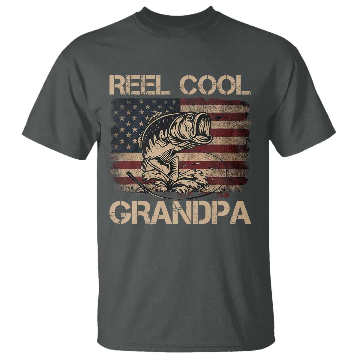Reel Cool Grandpa T Shirt Funny Fishing USA Flag Patriotic Fisherman Fathers Day TS10 Dark Heather Print Your Wear