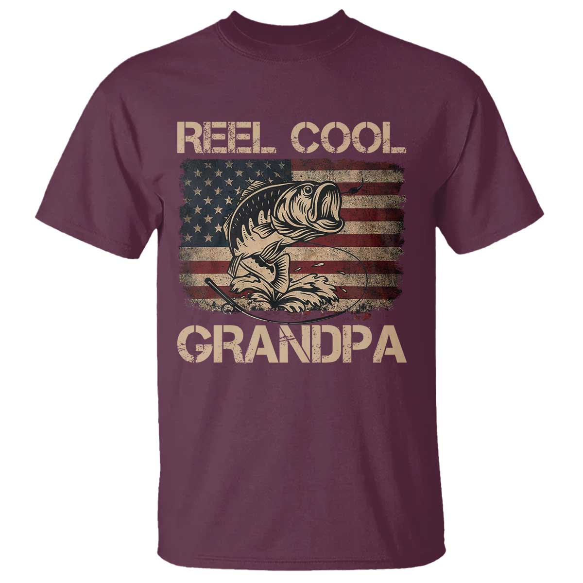 Reel Cool Grandpa T Shirt Funny Fishing USA Flag Patriotic Fisherman Fathers Day TS10 Maroon Print Your Wear