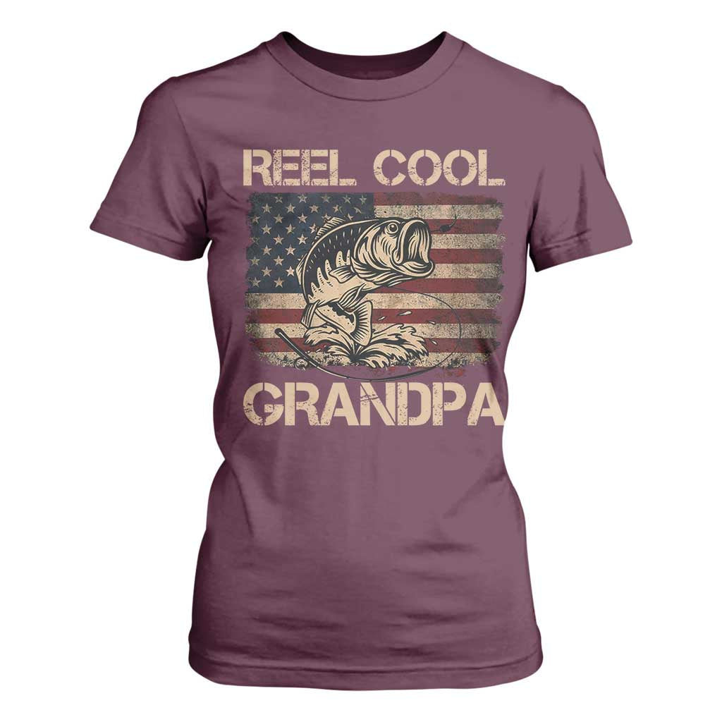Reel Cool Grandpa T Shirt For Women Funny Fishing USA Flag Patriotic Fisherman Fathers Day TS10 Maroon Print Your Wear