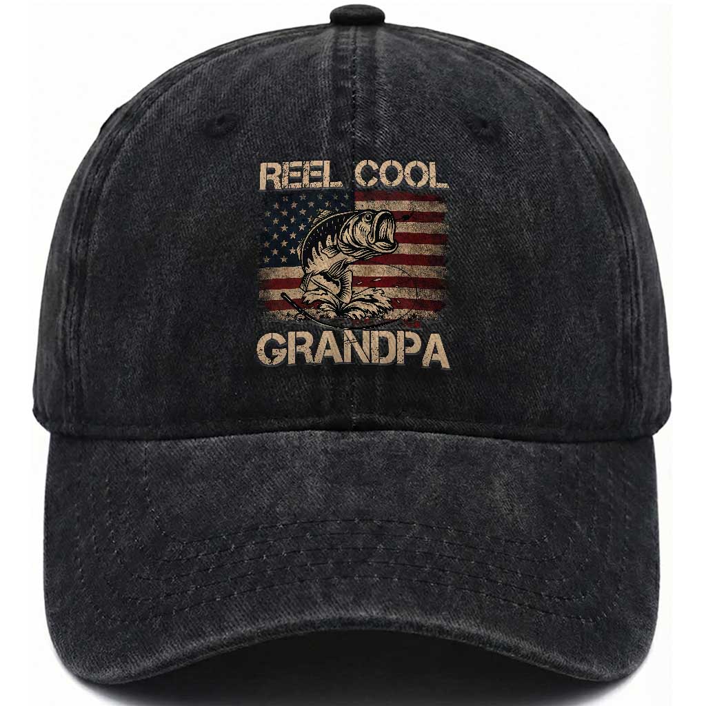 Reel Cool Grandpa Washed Cotton Baseball Cap Funny Fishing USA Flag Patriotic Fisherman Fathers Day TS10 Print Your Wear