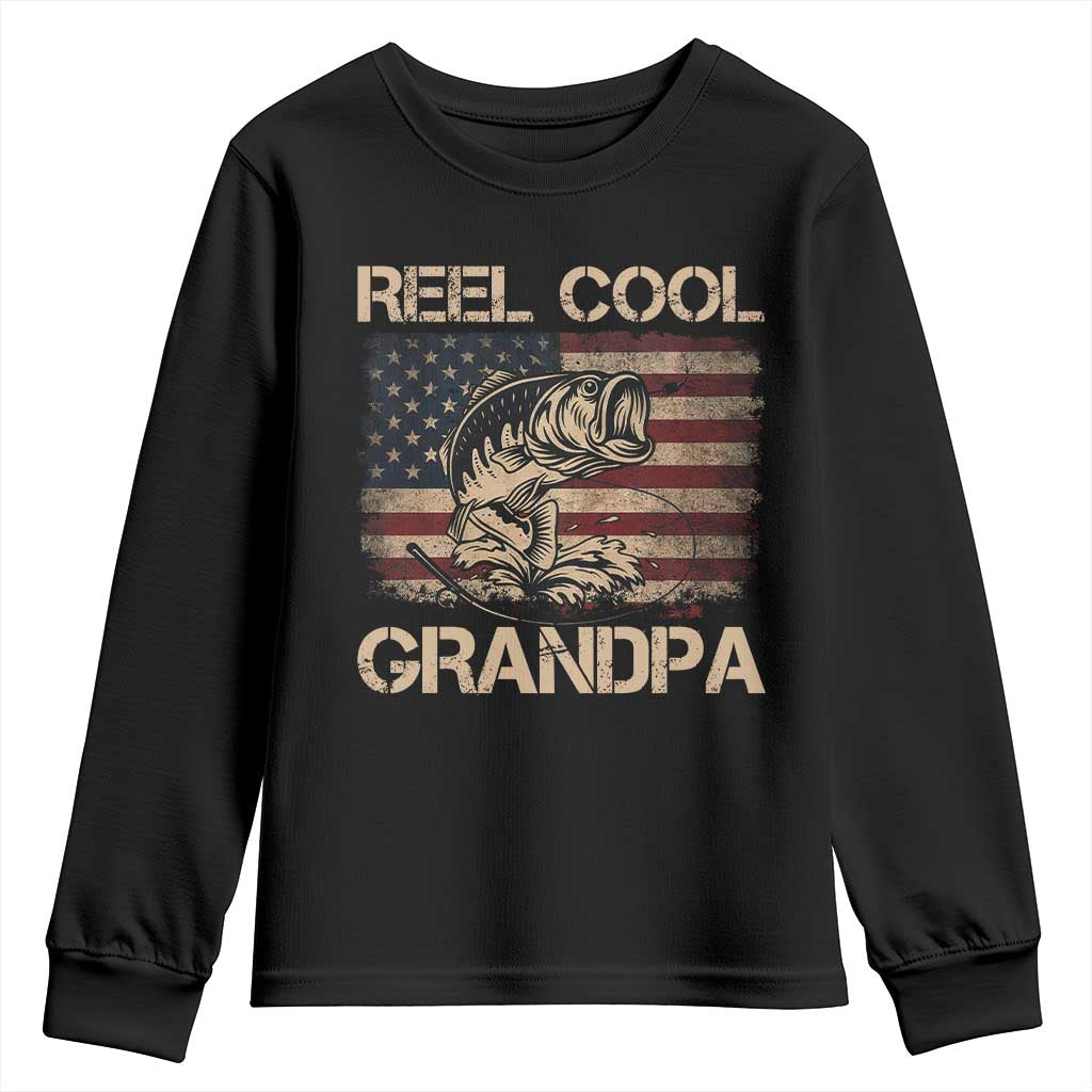 Reel Cool Grandpa Youth Sweatshirt Funny Fishing USA Flag Patriotic Fisherman Fathers Day TS10 Black Print Your Wear