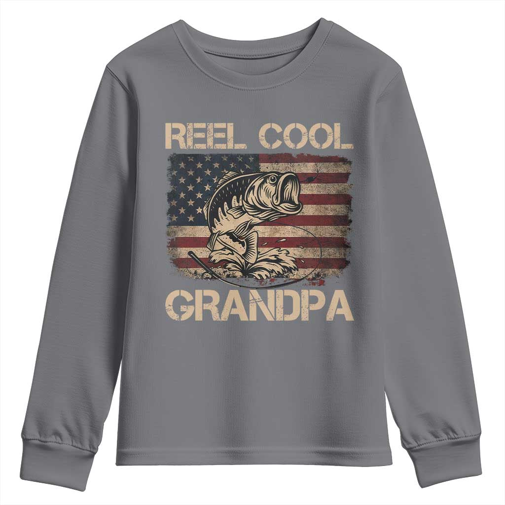 Reel Cool Grandpa Youth Sweatshirt Funny Fishing USA Flag Patriotic Fisherman Fathers Day TS10 Charcoal Print Your Wear