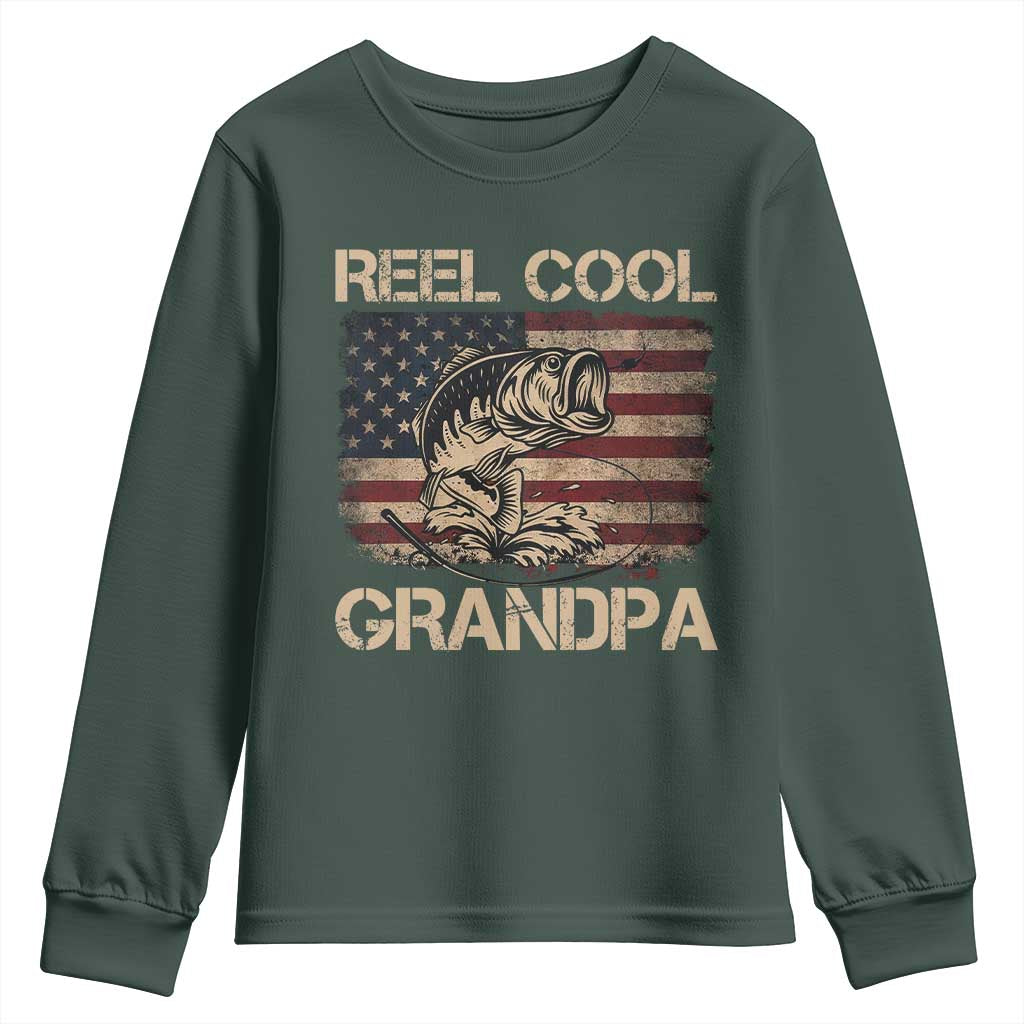 Reel Cool Grandpa Youth Sweatshirt Funny Fishing USA Flag Patriotic Fisherman Fathers Day TS10 Dark Forest Green Print Your Wear
