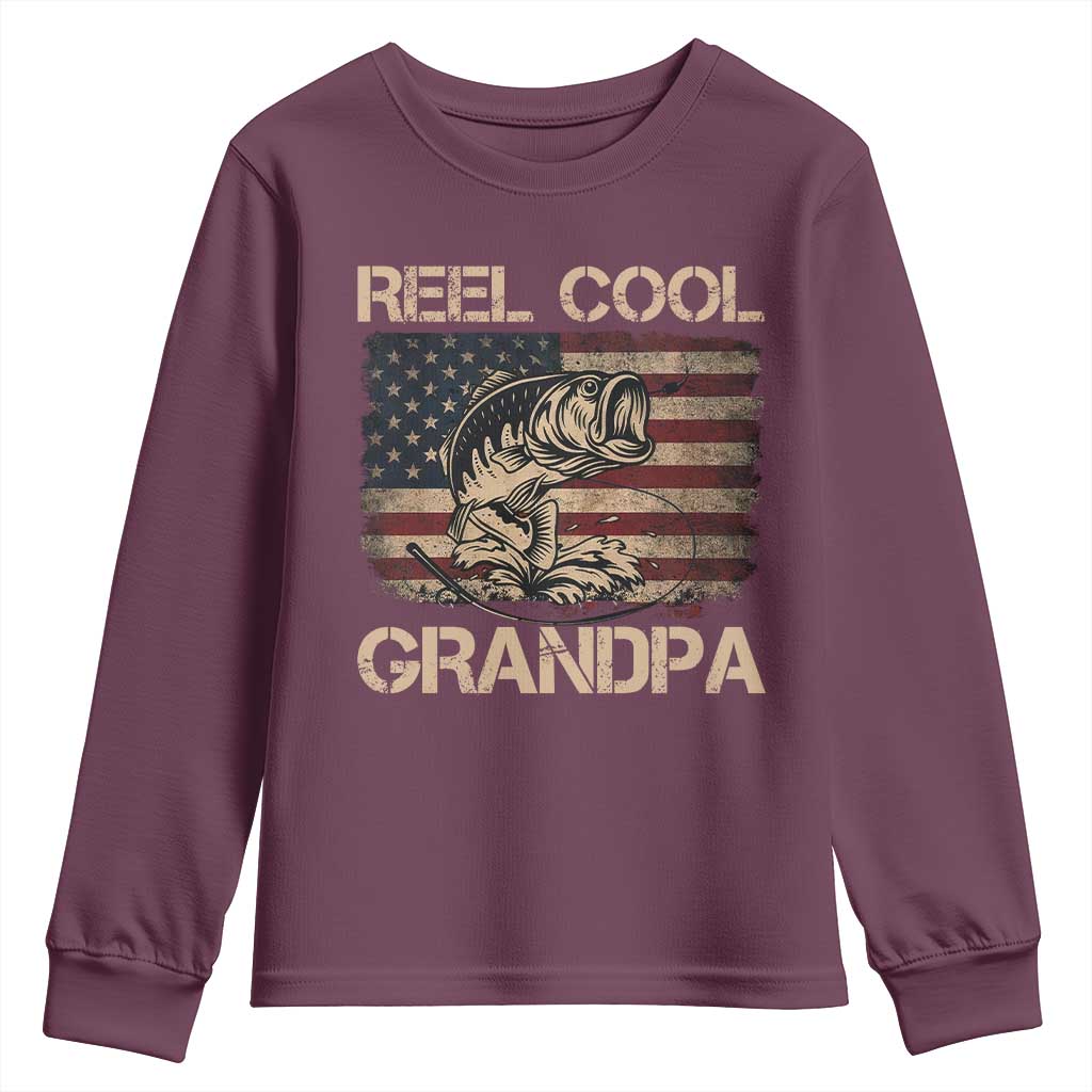 Reel Cool Grandpa Youth Sweatshirt Funny Fishing USA Flag Patriotic Fisherman Fathers Day TS10 Maroon Print Your Wear