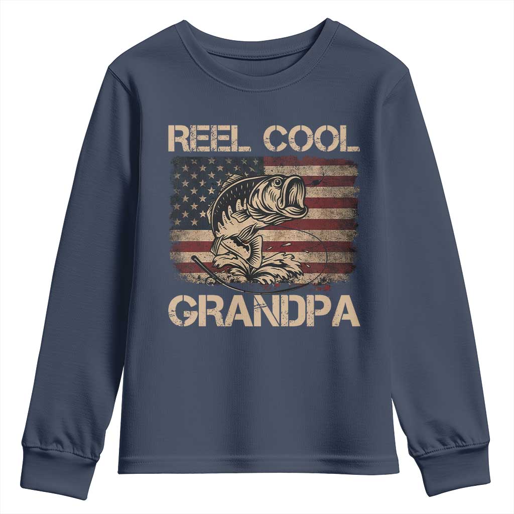 Reel Cool Grandpa Youth Sweatshirt Funny Fishing USA Flag Patriotic Fisherman Fathers Day TS10 Navy Print Your Wear