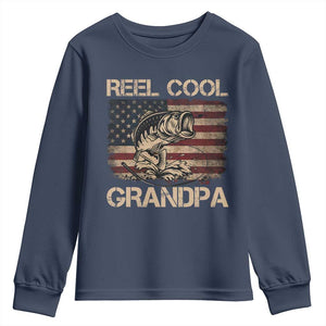 Reel Cool Grandpa Youth Sweatshirt Funny Fishing USA Flag Patriotic Fisherman Fathers Day TS10 Navy Print Your Wear