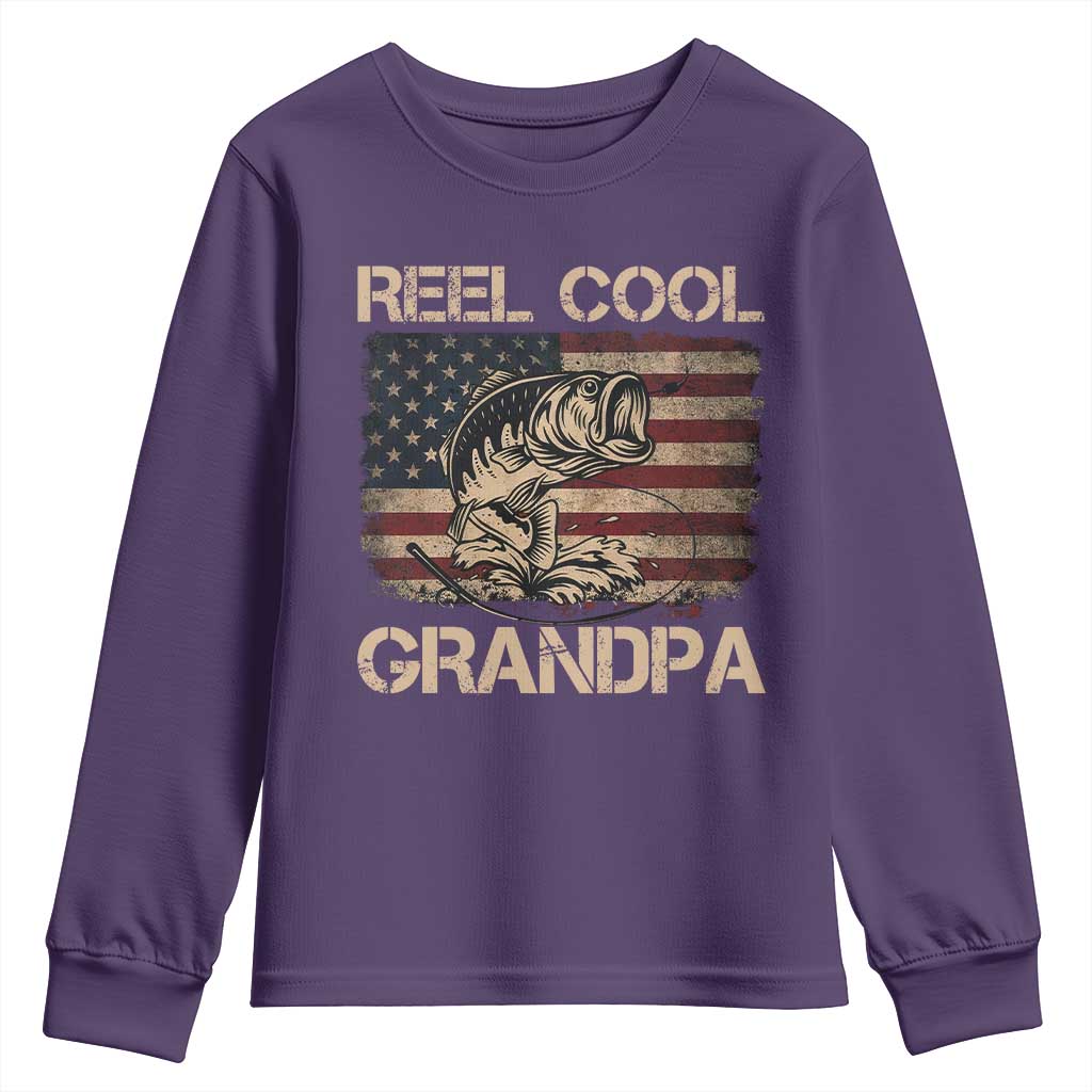 Reel Cool Grandpa Youth Sweatshirt Funny Fishing USA Flag Patriotic Fisherman Fathers Day TS10 Purple Print Your Wear
