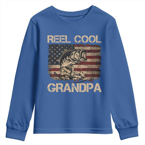 Reel Cool Grandpa Youth Sweatshirt Funny Fishing USA Flag Patriotic Fisherman Fathers Day TS10 Royal Blue Print Your Wear
