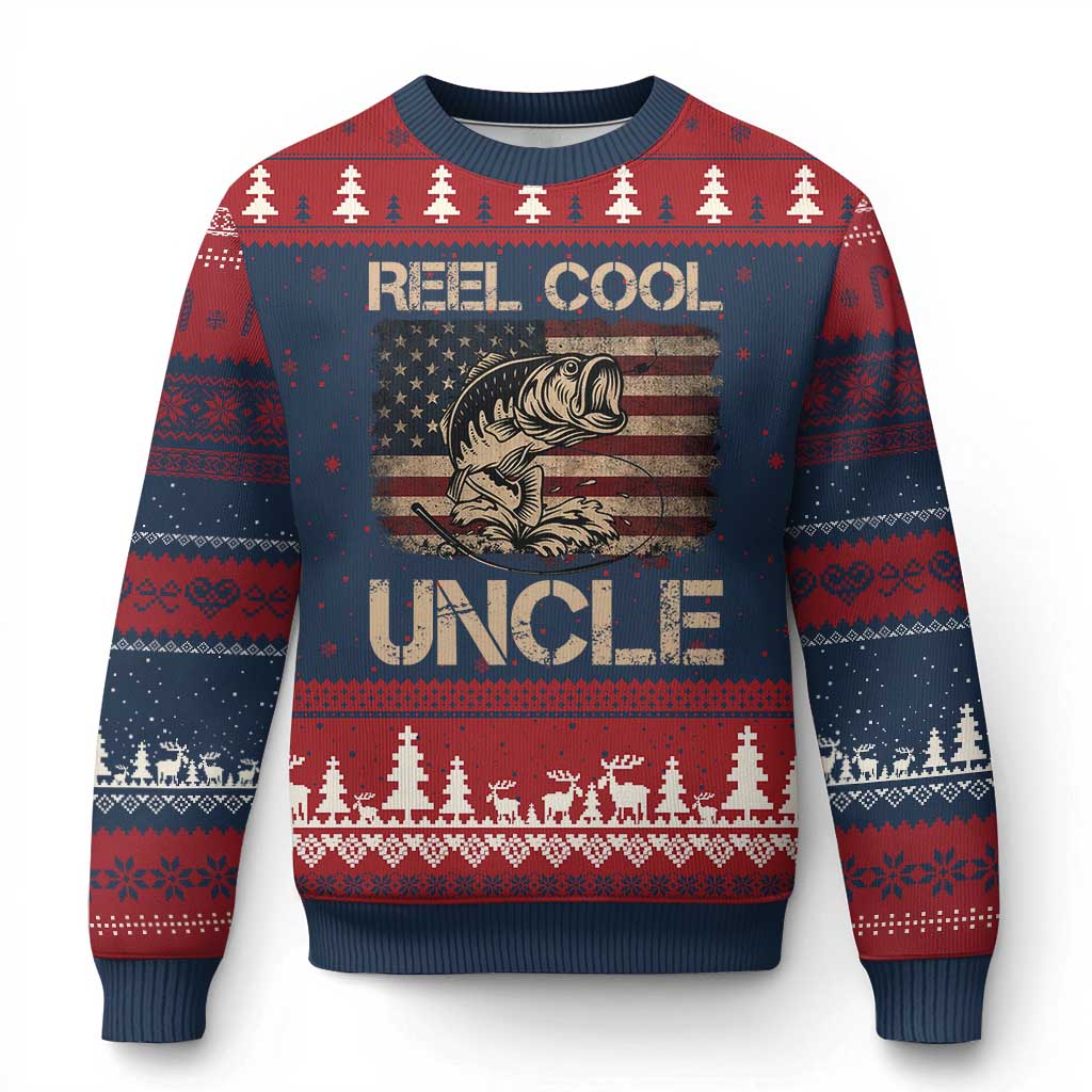 Reel Cool Uncle Ugly Christmas Sweater Funny Fishing USA Flag Patriotic Fisherman Fathers Day TS10 Navy Red Print Your Wear