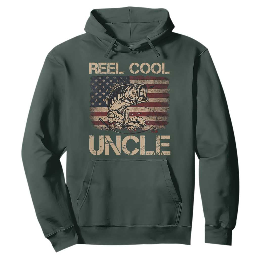 Reel Cool Uncle Hoodie Funny Fishing USA Flag Patriotic Fisherman Fathers Day TS10 Dark Forest Green Print Your Wear