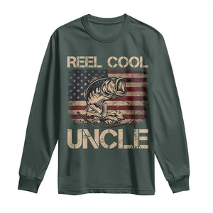 Reel Cool Uncle Long Sleeve Shirt Funny Fishing USA Flag Patriotic Fisherman Fathers Day TS10 Dark Forest Green Print Your Wear