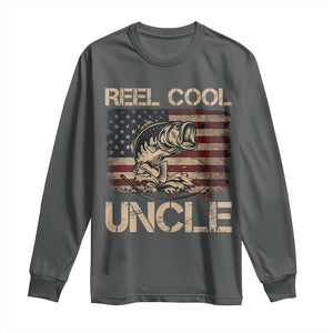 Reel Cool Uncle Long Sleeve Shirt Funny Fishing USA Flag Patriotic Fisherman Fathers Day TS10 Dark Heather Print Your Wear