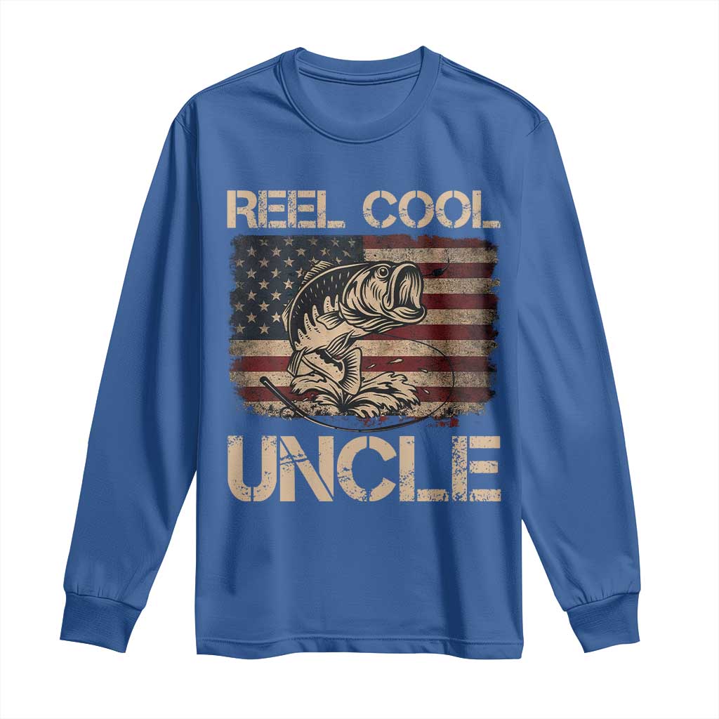 Reel Cool Uncle Long Sleeve Shirt Funny Fishing USA Flag Patriotic Fisherman Fathers Day TS10 Royal Blue Print Your Wear