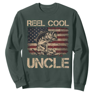Reel Cool Uncle Sweatshirt Funny Fishing USA Flag Patriotic Fisherman Fathers Day TS10 Dark Forest Green Print Your Wear